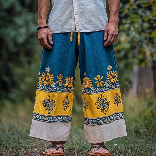 Men's Retro Sunflower Floral Colorblock Casual Pants elevenforest