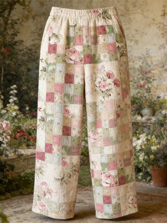 Boho Floral Patchwork Pattern Vintage Women's Linen Trousers elevenforest