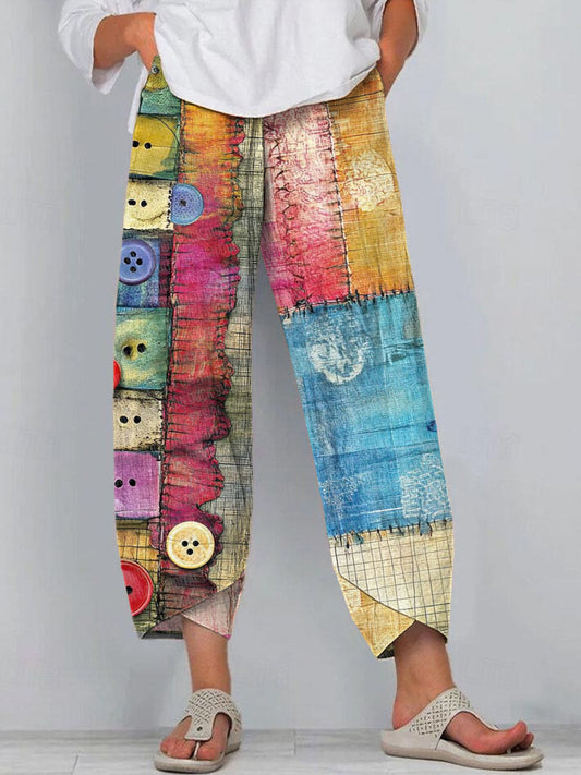 Comstylish Women's Multicolor Button Design Patchwork Linen Blend Pants