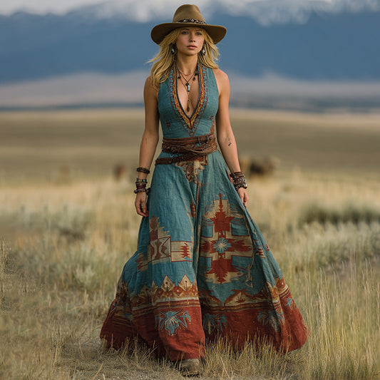 Women's Vintage Western Geometric Print V-neck Sleeveless Maxi Dress elevenforest