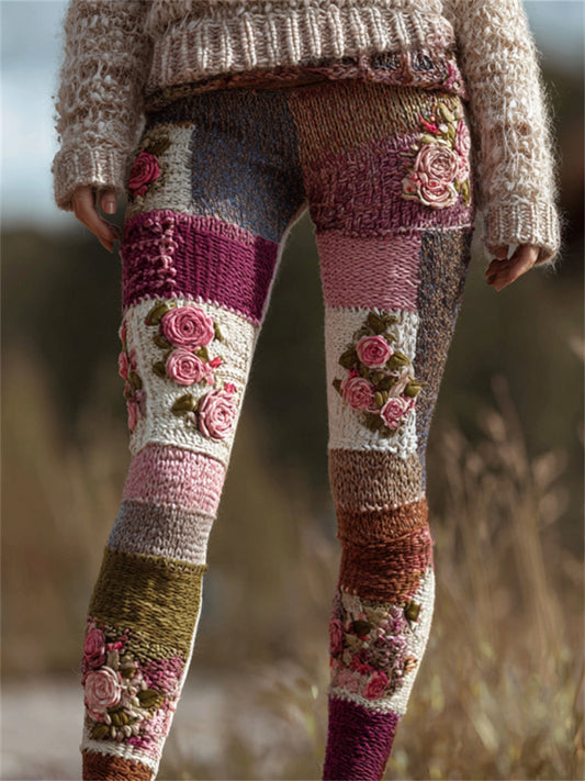Vintage Pink Roses Colorblock Patchwork Cozy Knit Leggings elevenforest