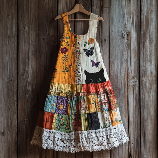 Vintage Abstract Creative Black Cat Peeking With Floral Patchwork Art Linen Tank Dress elevenforest