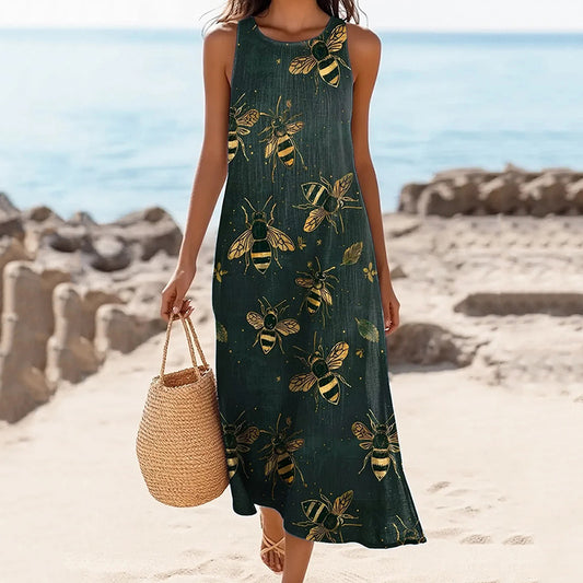 Women's Vintage Bee Print Linen Blend Midi Dress elevenforest