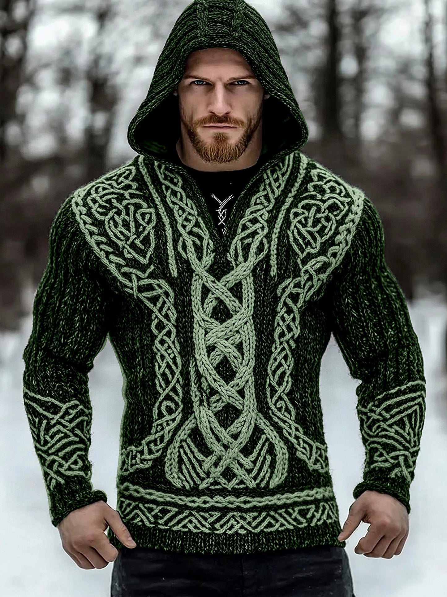 Men's Viking Tribal Jacquard Inspired Celtic Hooded Sweater artswardrobe