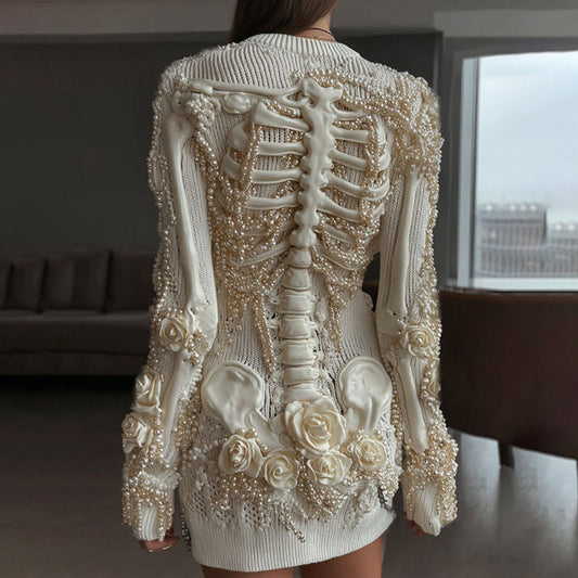 Comstylish Women's Vintage Skeleton & White Floral Art Cozy Sweater Dress