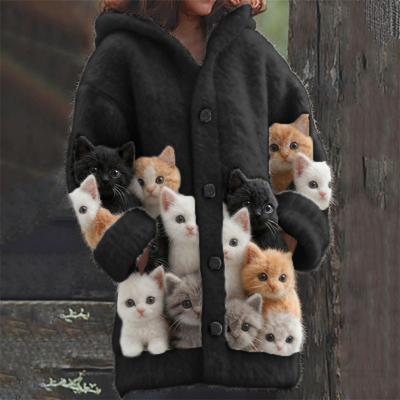Lovely Fuzzy Cats Cozy Knit Hooded Cardigan elevenforest