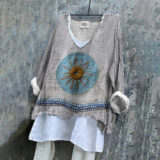 Comstylish Women's Disc Embroidery Art Linen V-neck Shirt