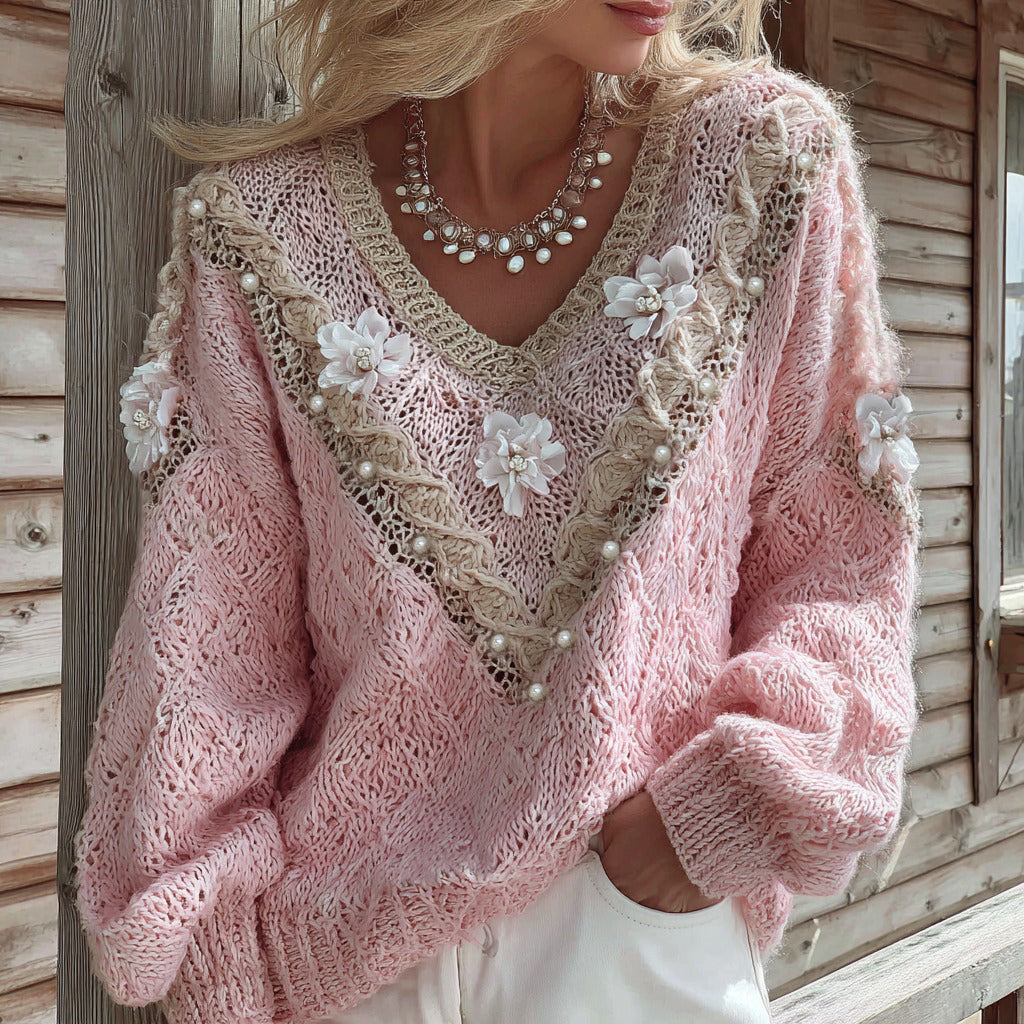 Vintage Floral Pearl Embroidery Patchwork V Neck Cozy Cable Knit Sweater elevenforest