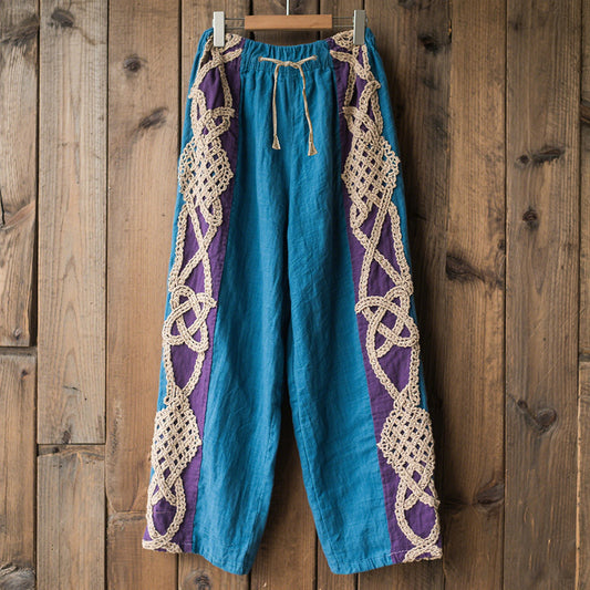 Women's Contrast Color Celtic Knot Lace Embroidery Art Comfort Casual Pants elevenforest