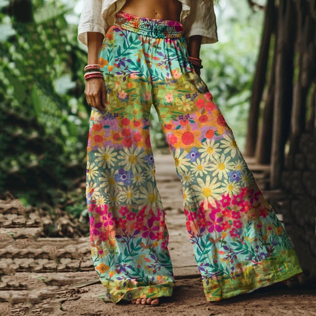 Vintage Bohemia Floral Art Women's Linen Blend Casual Pants elevenforest