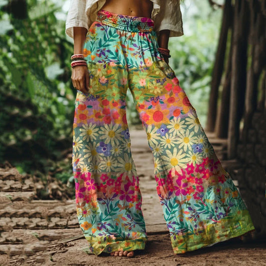 Vintage Bohemia Floral Art Women's Linen Blend Casual Pants elevenforest