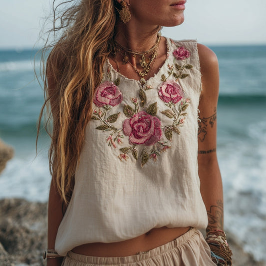 Women's Vintage Floral Embroidery Art Linen Comfy Sleeveless Top elevenforest
