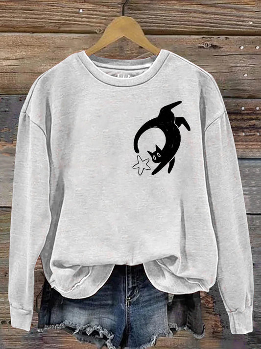 Comstylish Cat Chasing Stars Pattern Women's Casual Sweatshirt