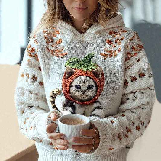 Women's Cute Winter Pumpkin Cat Art Knitted Warm Sweater elevenforest