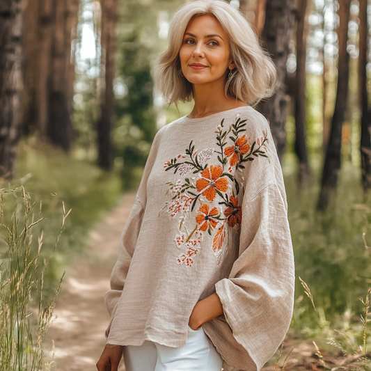 Women's Flower Embroidered Cotton Linen Round Collar Blouse elevenforest