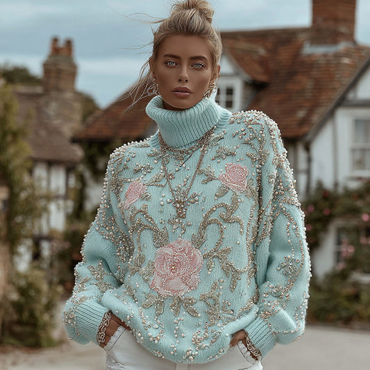 Women's Halloween Skull And Roses Pattern Warm And Comfortable Turtleneck Sweater elevenforest