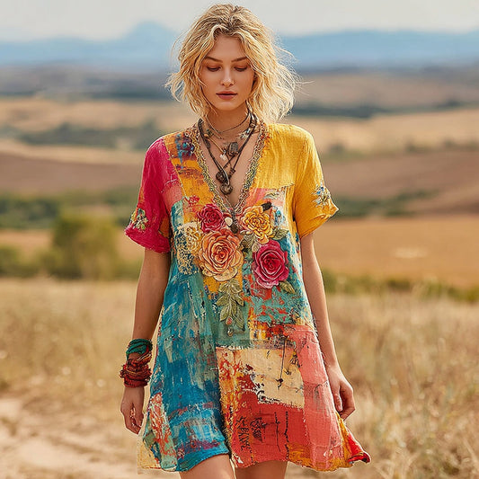 Women's Vintage Oil Painting Floral Art Color Block Linen V-neck Dress elevenforest