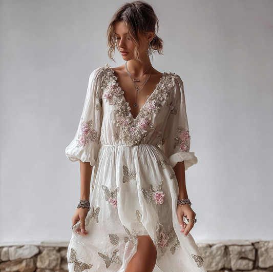 Bohemian Style Plant Flower And Butterfly Pattern Embroidery Design V-neck Woman's Long Dress elevenforest