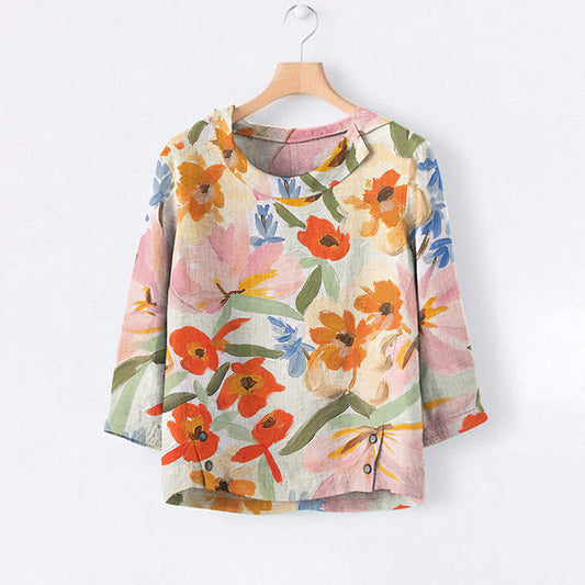 Comstylish Flower Print Lapel Casual Blouse