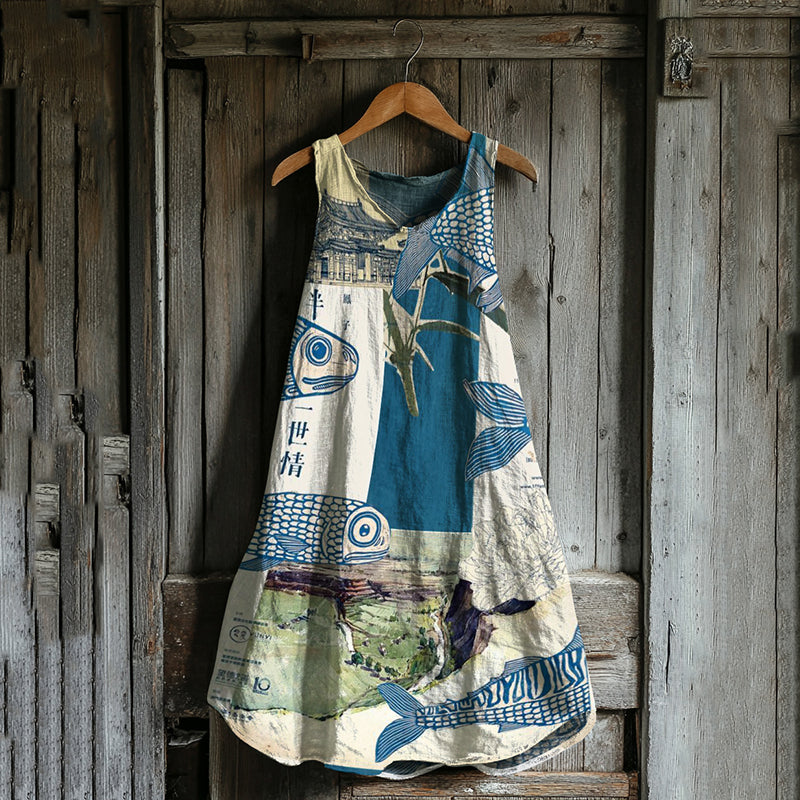 Vintage Japanese Fish Patchwork Art Linen Tank Dress elevenforest