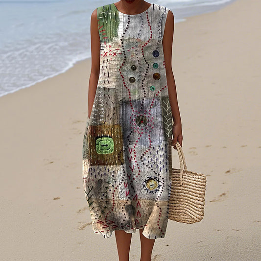 Vintage Loose Patchwork Art Linen Tank Dress elevenforest