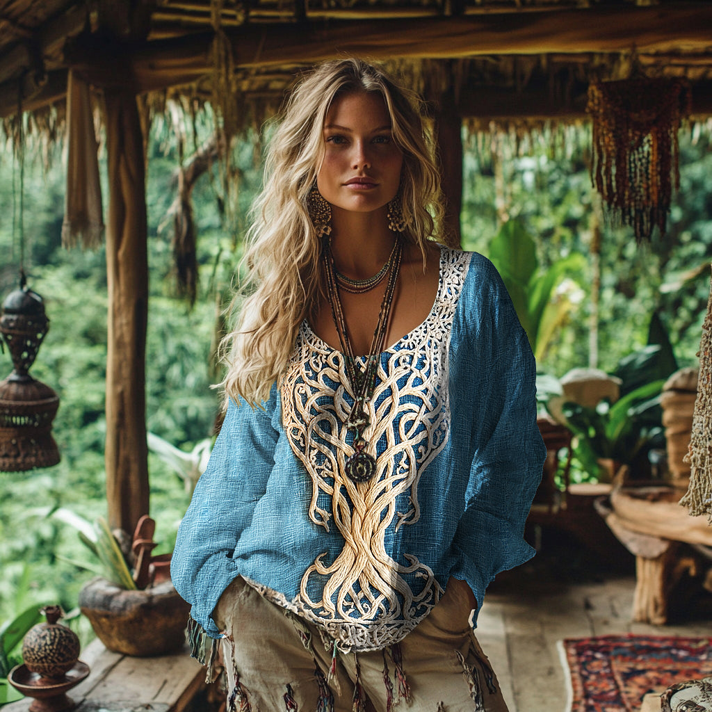 Women's Viking Tree Of Life Art Cotton And Linen T-shirt elevenforest