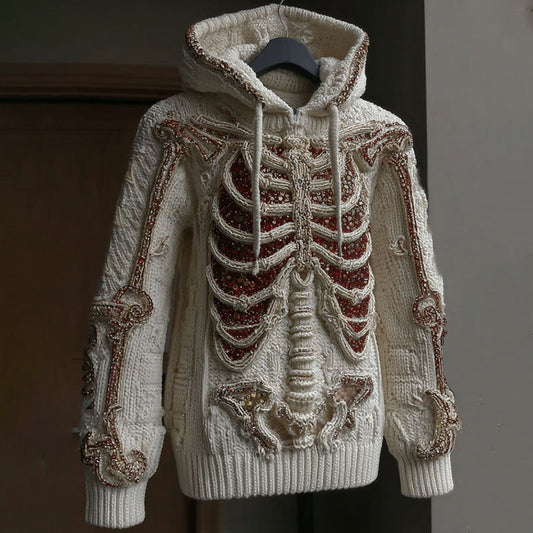 Comstylish Women's Vintage White Skeleton Art Cozy Hooded Sweater