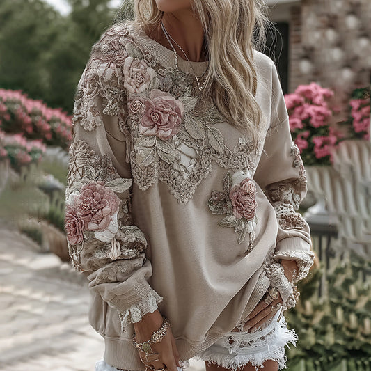 Women's Retro Floral Lace Patchwork Art Cozy Sweatshirt elevenforest