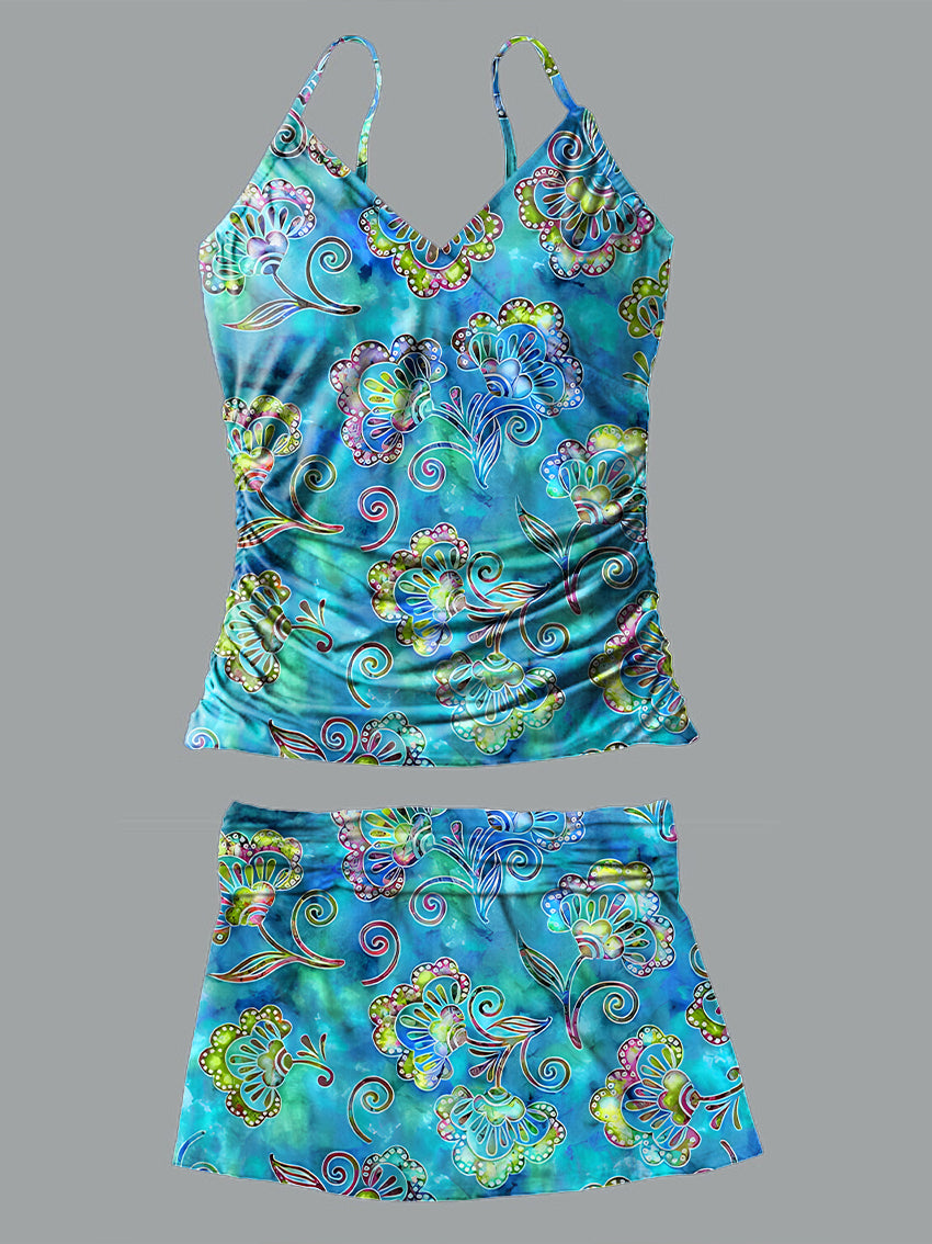 V-Neck Vintage Multicolor Flowers Art Print Suspender Skirt Tankini Pantskirt Set Swimsuit