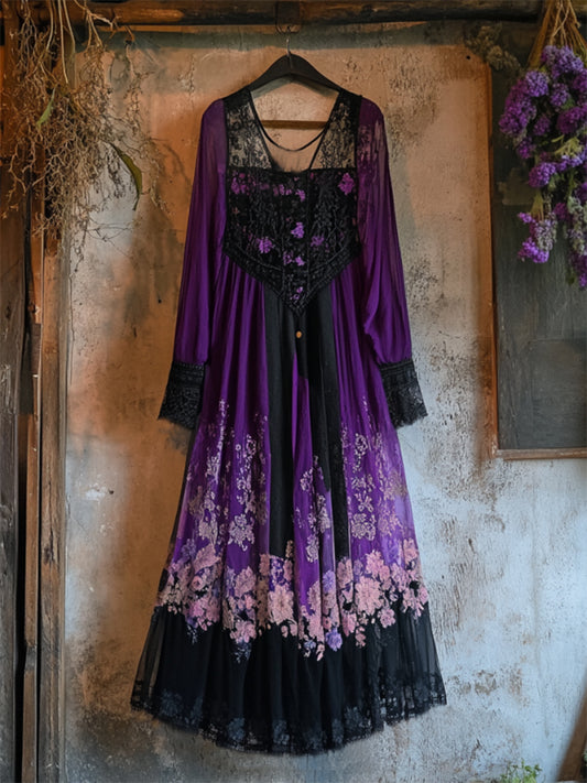 Vintage Lavender Gradient Lace Art Linen V Neck Maxi Dress elevenforest