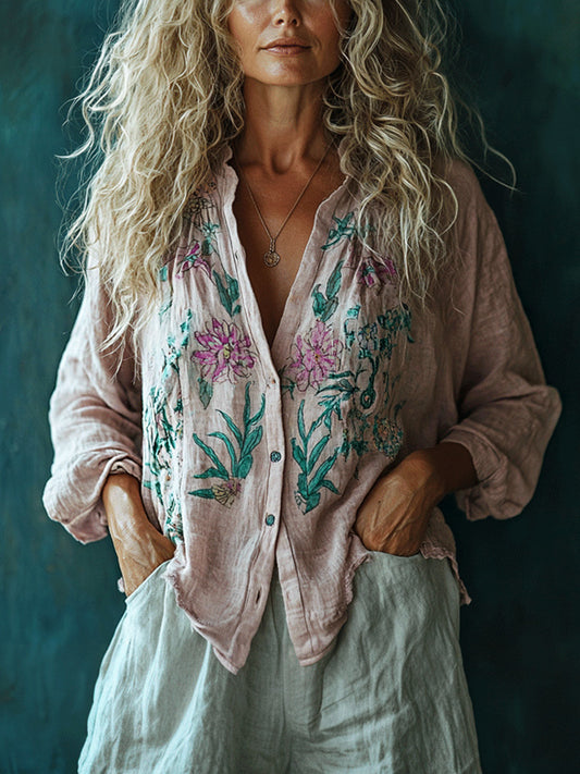 Women's Linen Bohemia Style Plain Long-sleeved Breathable Top Shirt elevenforest