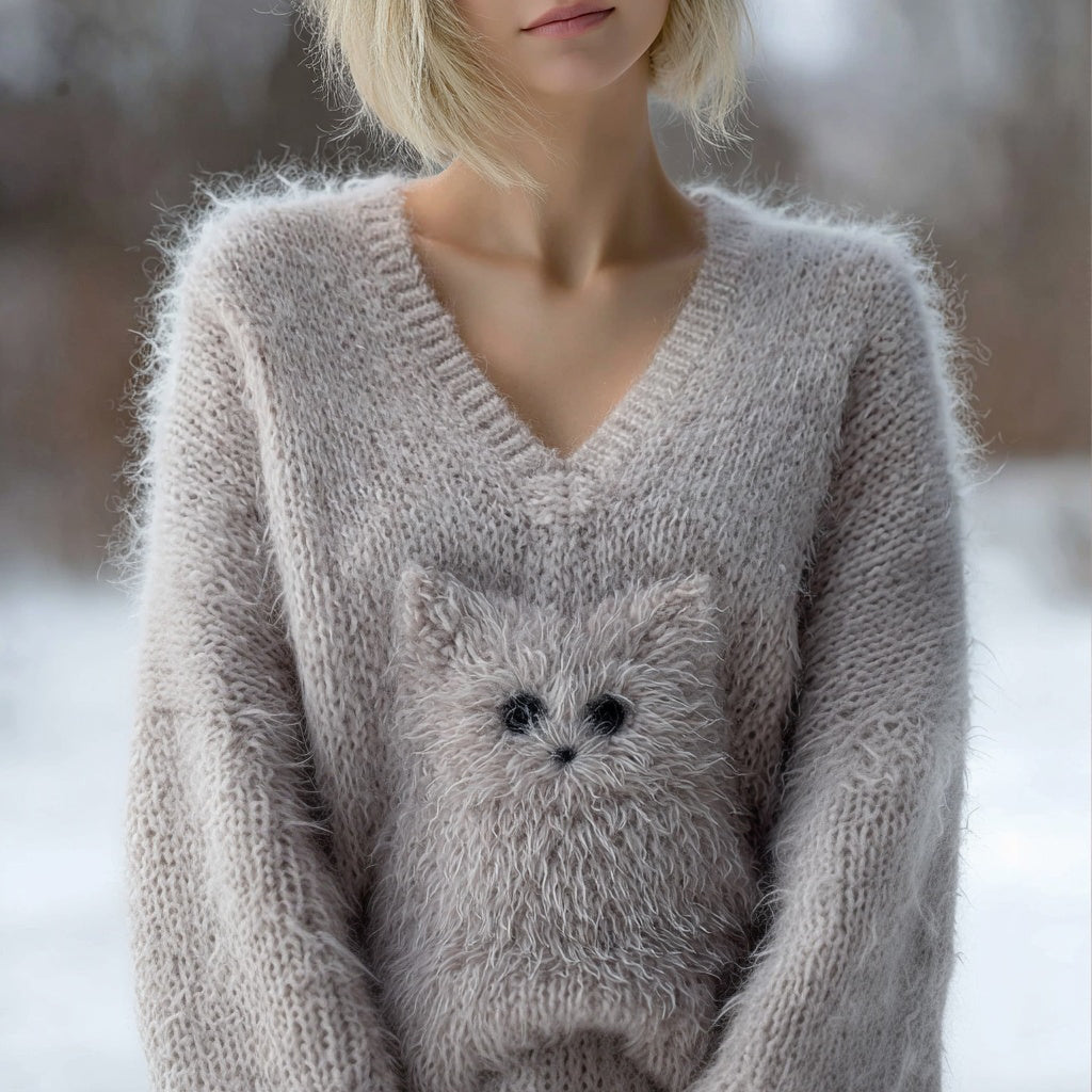 Cute Fuzzy Cat Embroidered V Neck Cozy Sweater elevenforest