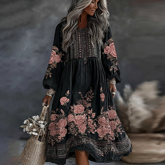 Women's Vintage Floral Art Flowy Linen Blend Casual Round Neck Long Sleeve Maxi Dress elevenforest