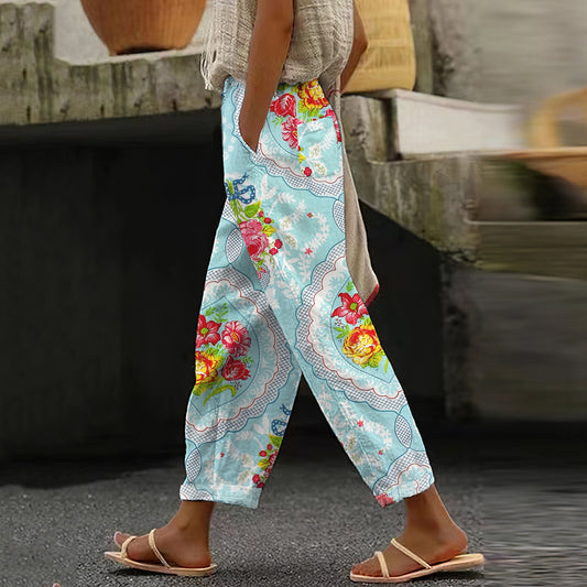 Women's Vintage Floral Art Cotton And Linen Casual Pants elevenforest