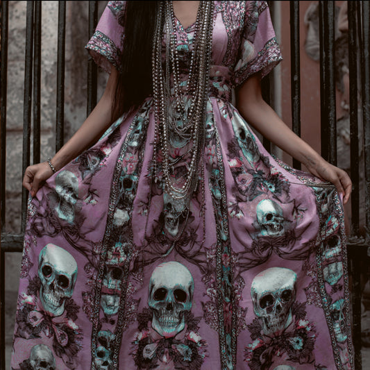 Day Of The Dead Skull Flower Print V-neck Retro Short Sleeve A-line Long Dress elevenforest