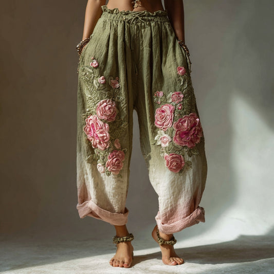 Vintage Pink Roses Embroidered Gradient Linen Pants elevenforest