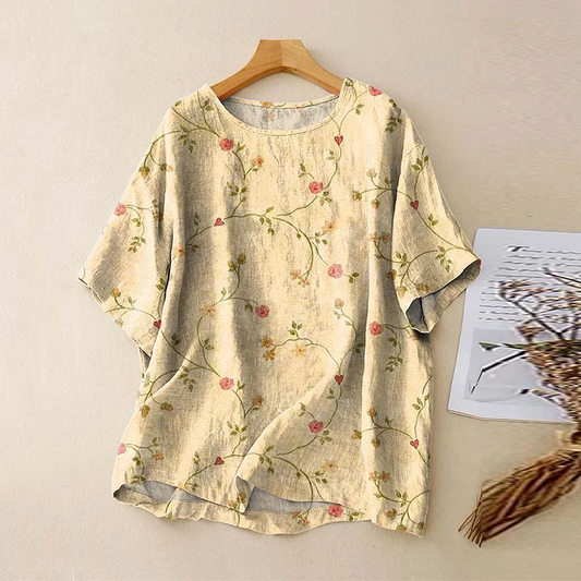 Vintage Abstract Geometric Flower Linen Art Print Short Sleeve Round Neck Shirt elevenforest