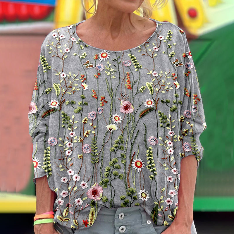 Comstylish Women's Flower Embroidery Art T Shirt