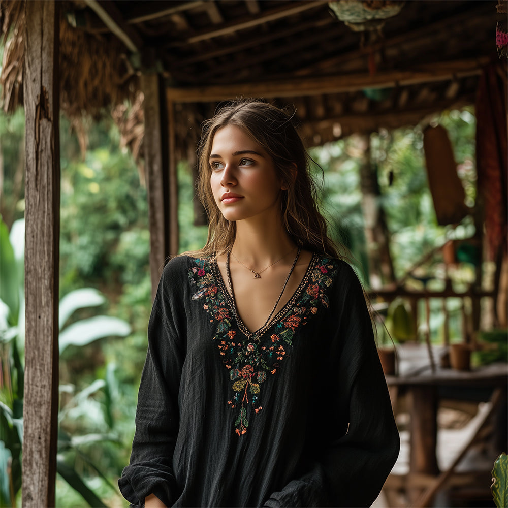Comstylish Vintage Tribal Ethnic Style Embroidered Linen V-neck T-shirt