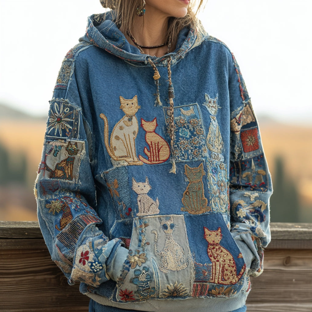 Women's Denim Patchwork Cute Cat Bohemian Floral Print Hoodie elevenforest
