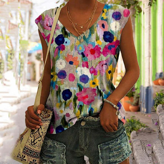 Comstylish Vintage Colorful Floral Art Painting V Neck Sleeveless Top