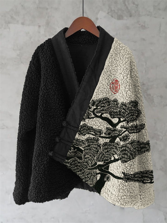 Pine Tree Japanese Lino Art Contrast Cozy Fleece Kimono Cardigan elevenforest
