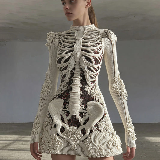 Women's Vintage Halloween Skull Art Knitted Warm Sweater Dress elevenforest