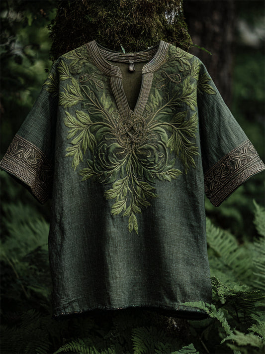 Vintage Celtic Knot Fern Embroidered Linen Shirt elevenforest