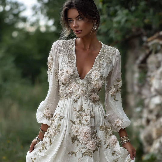 Boho Roses Beaded Embroidered Lace Flowy Linen Maxi Dress elevenforest