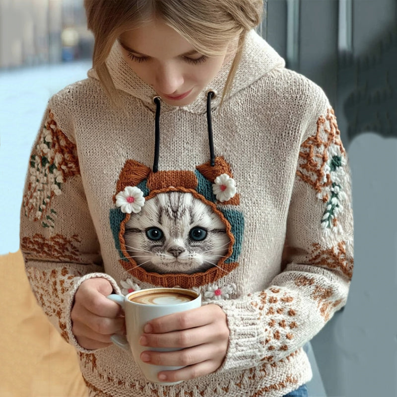 Women's Cute Winter Cat Art Knitted Warm Sweater elevenforest