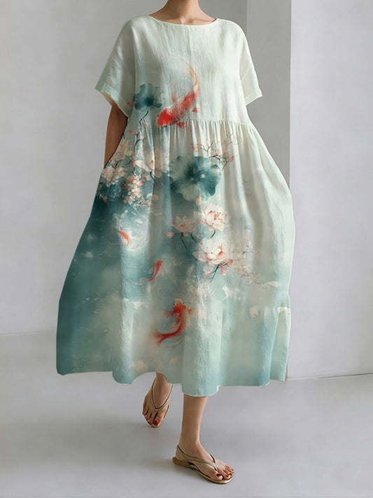Comstylish Japanese Style Pond Moonlight Round Neck Leisure Dress