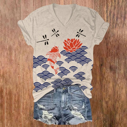Comstylish Japanese-style Koi Fish Art Print V-neck Top