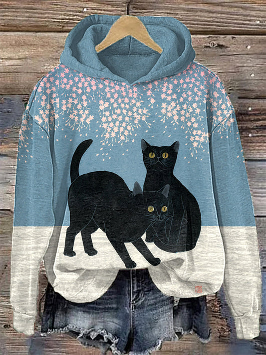 Cat and Cherry Blossoms Japanese Art Painting Print Hoodie elevenforest