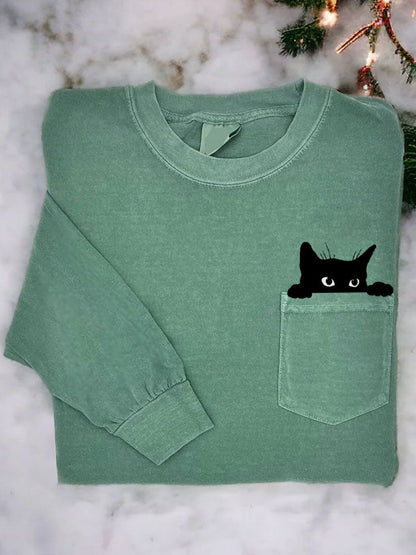 Women's Casual Funny Black Cat Print T-Shirt elevenforest